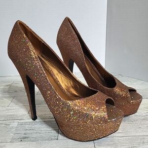 Forever 21 Burnished Gold Glitter Platform‎ Heels Size 7 Open Toe 5.5" Heel
